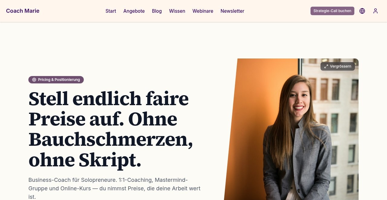 Startseite des Demo-Mandanten Coach Marie — Coaching und Beratung